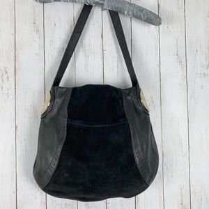 B. Makowsky Giamma Black Suede & Leather Shoulder Bag Handbag 15x12.5 Gold